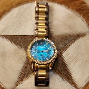 Fossil Gold Tone Watch with Blue Dial and Crystal Accent